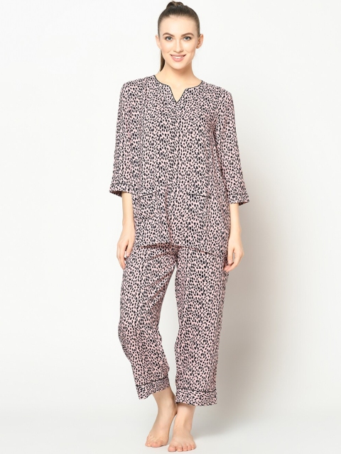 

SQew Women Pink & Black Printed Night Suit With Eye Mask