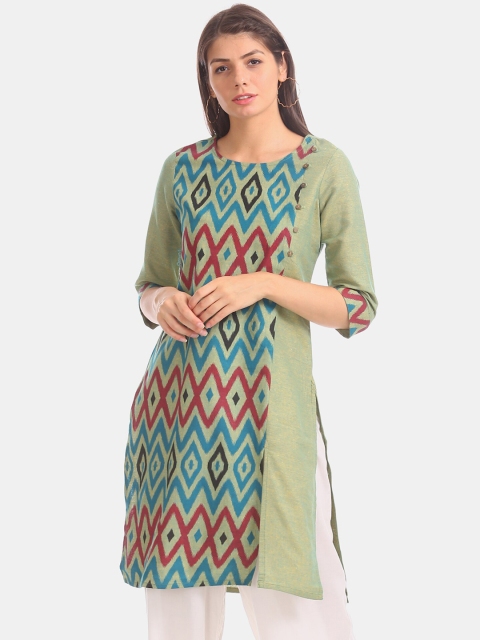 

Karigari Women Olive Green & Blue Printed Straight Kurta