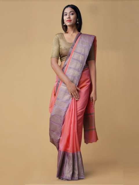 

Unnati Silks Pink Silk Cotton Solid Banarasi Saree