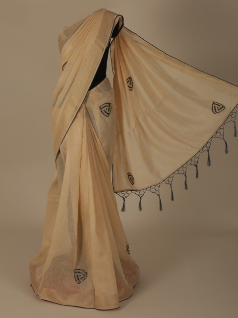 

Pothys Cream-Coloured & Grey Linen Blend Woven Design Saree