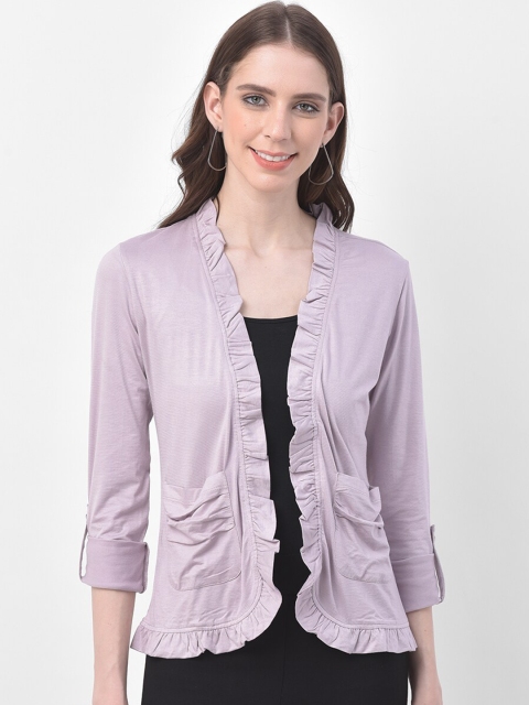 

Latin Quarters Women Lavender Solid Ruffled Open-Front Shrug