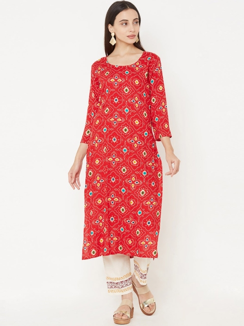 

FASHOR Women Red Printed Straight Kurta