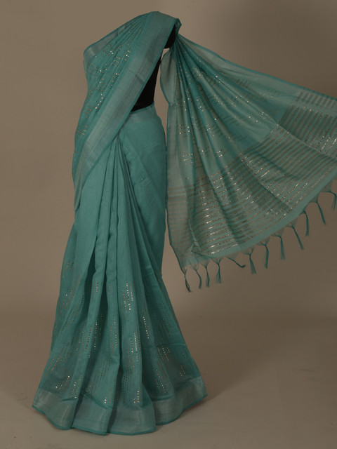 

Pothys Turquoise Blue Striped Linen Blend Saree