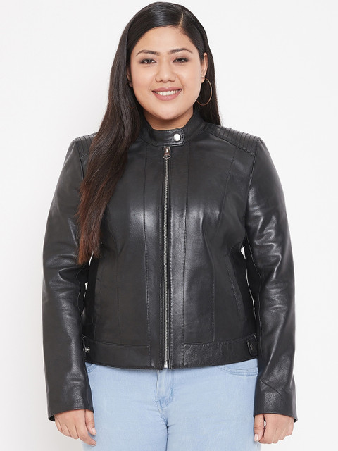 

Justanned Women Black Solid Leather Biker Jacket