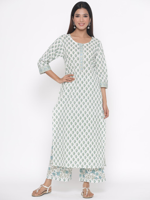 

Silai Bunai Women White & Green Printed Kurta with Palazzos