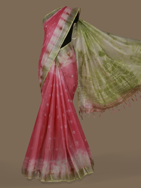 

Pothys Pink & Green Linen Blend Printed Saree
