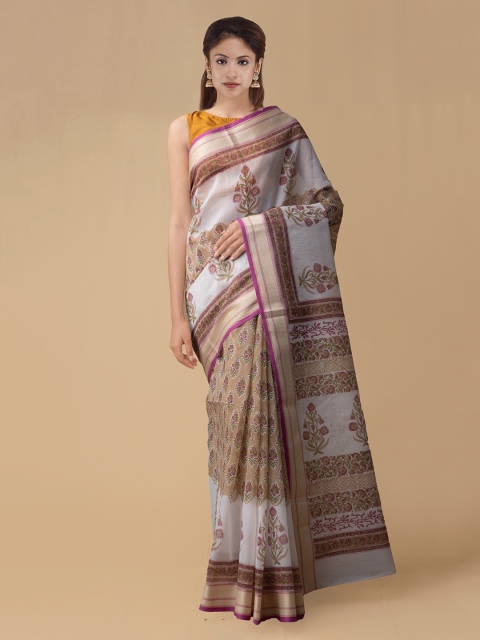 

Unnati Silks Brown & White Pure Cotton Floral Printed Chanderi Handloom Saree