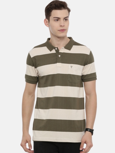 

Classic Polo Men Olive Green & Beige Striped Slim Fit Polo Collar T-shirt