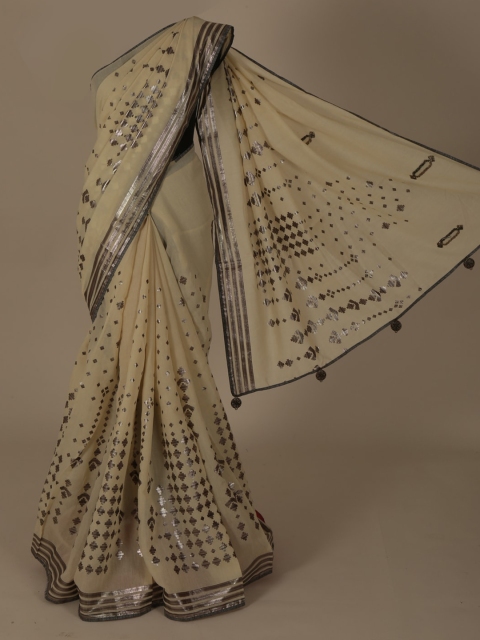 

Pothys Cream-Coloured Foil Printed Jute Silk Saree