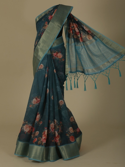 

Pothys Green Printed Linen Blend Saree