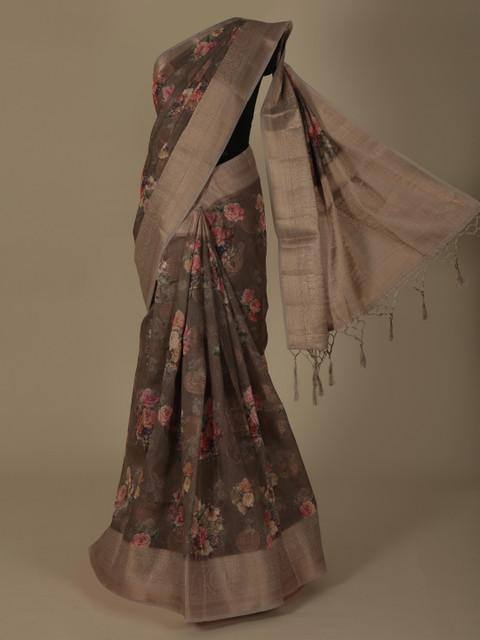 

Pothys Brown & Pink Linen Blend Printed Saree