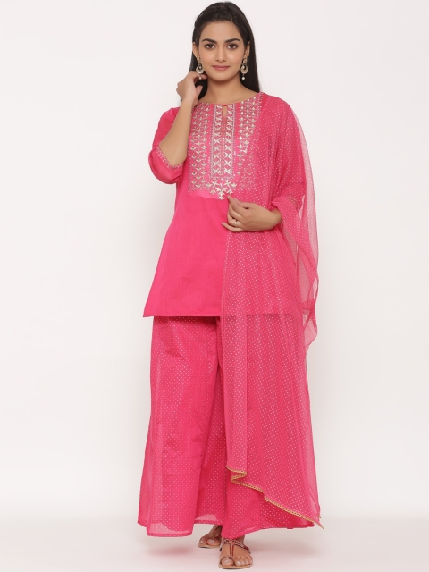 

Juniper Women Pink & Silver-Toned Embroidered Kurti with Palazzos & Dupatta