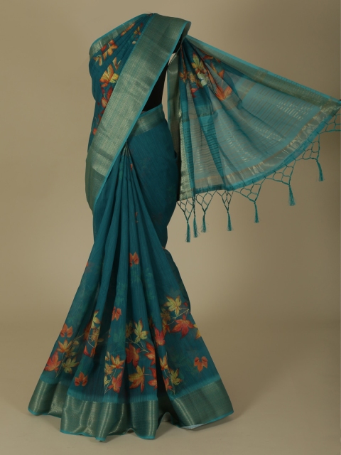 

Pothys Green Embroidered Linen Blend Saree