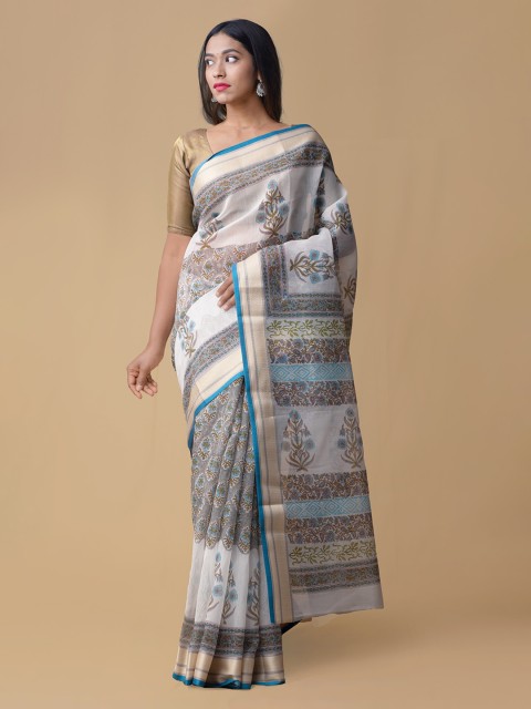 

Unnati Silks Grey & White Cotton Blend Printed Chanderi Saree