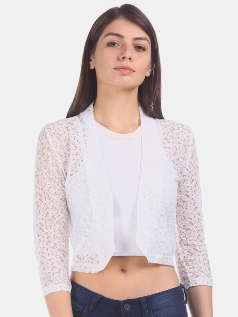 

Sugr Women White Lace Semi-Sheer Open-Front Shrug