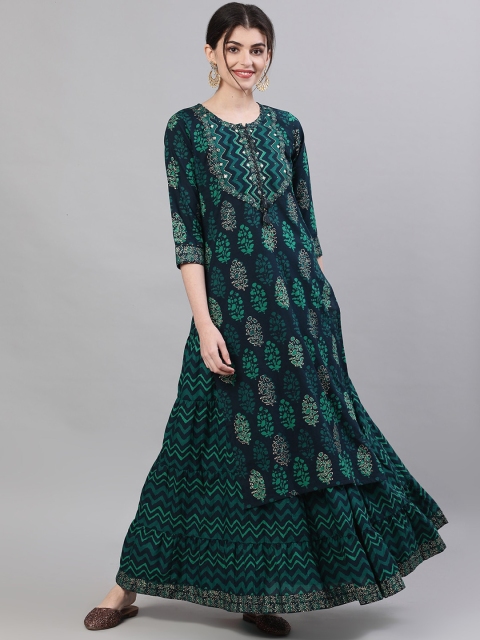 

Ishin Women Navy Blue & Green Printed Kurta with Skirt