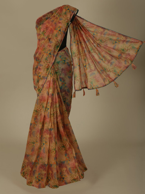 

Pothys Mustard Yellow Printed Jute Silk Saree