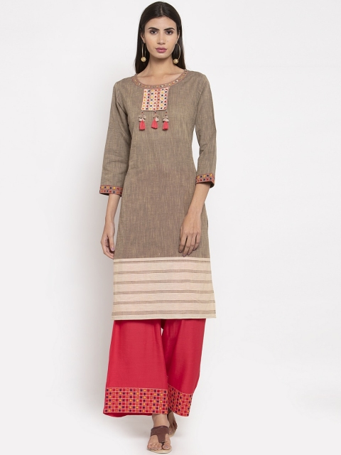

Kiaasa Women Grey & Red Embroidered Kurta with Palazzos