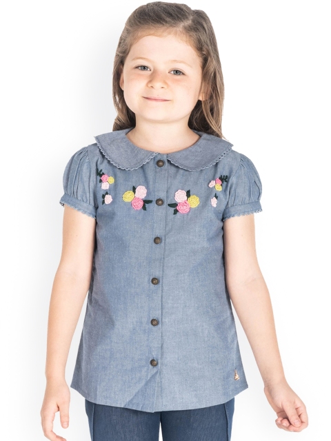 

Cherry Crumble Girls Blue Floral Embroidered Shirt Style Top