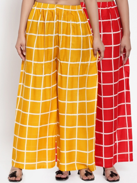 

NEUDIS Women Pack of 2 Red & Yellow Checked Wide Leg Palazzos