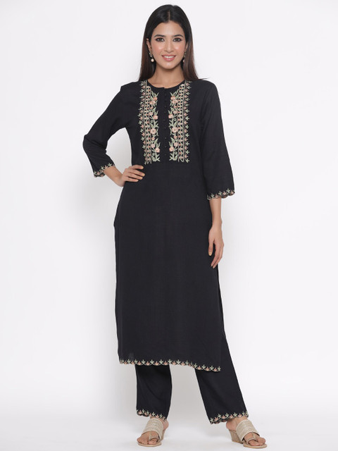 

Silai Bunai Women Black Embroidered Kurta with Trousers & Dupatta