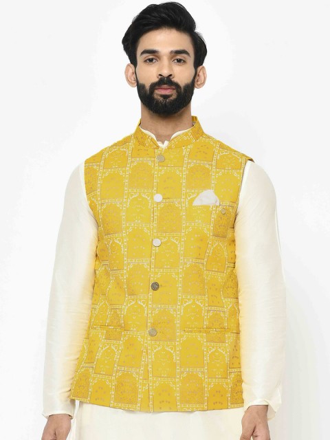 

Vartah Men Yellow Printed Nehru Jacket