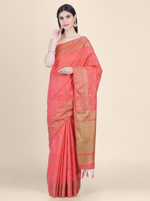 

Kasat Peach-Coloured & Gold-Toned Art Silk Woven Design Chanderi Saree