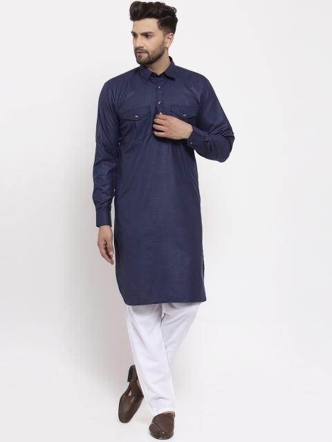

Jompers Men Navy Blue & White Solid Kurta with Pyjamas
