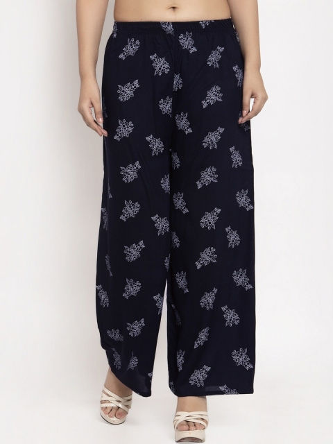 KLOTTHE Women Navy & White Printed Wide Leg Palazzos, Navy blue