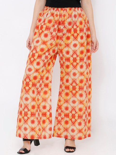 SALWAR STUDIO Women Orange & Cream Printed Wide-Leg Palazzos
