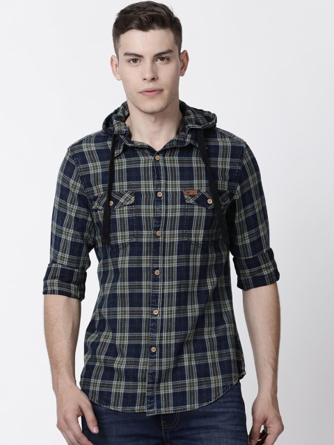 

RUG WOODS Men Olive Green & Navy Blue Regular Fit Checked Casual Shirt