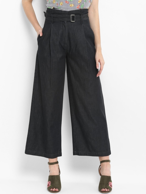 

FOSH Women Black Flared Solid Parallel Trousers