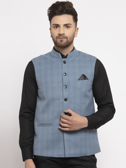 

NEUDIS Men Blue Checked Nehru Jacket