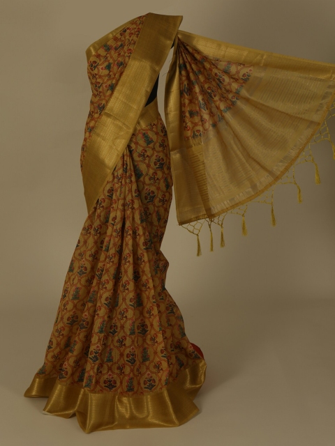 

Pothys Mustard Yellow & Red Linen Blend Printed Saree