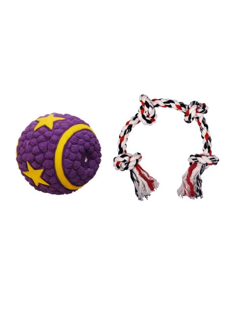 Poochles Purple & White Set Of Starbell Ball & Four Knot Rope Dog Toys