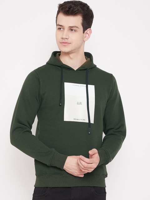 

Okane Men Olive Green & White Printed Hooded Sweatshirt