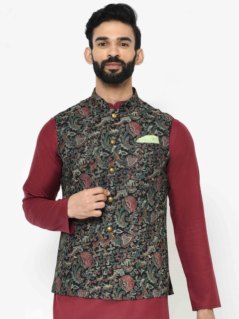 

Vartah Men Black & White Embroidered Woven Nehru Jacket