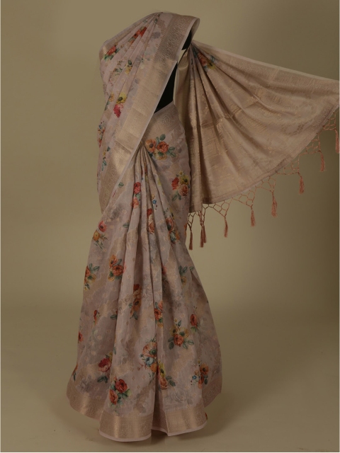 Pothys Pink Embroidered Linen Blend Saree