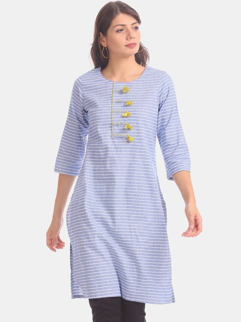 

Karigari Women Blue & White Striped A-Line Kurta