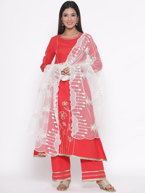

Silai Bunai Women Red Self Design Kurta with Palazzos & Dupatta