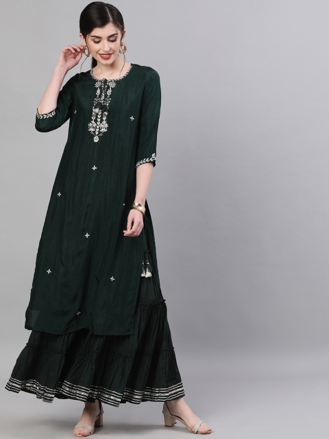 

Ishin Women Green & Silver-Toned Embroidered Kurta with Sharara