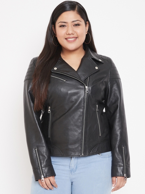 

Justanned Plus Women Black Solid Leather Jacket