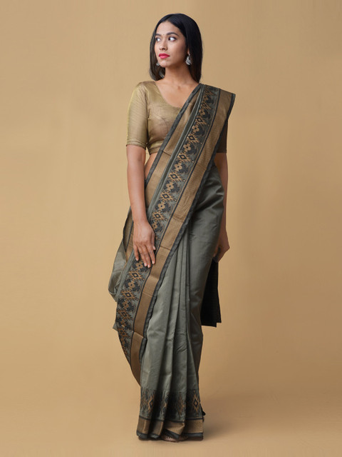 

Unnati Silks Grey & Gold-Toned Silk Cotton Embroidered Banarasi Saree