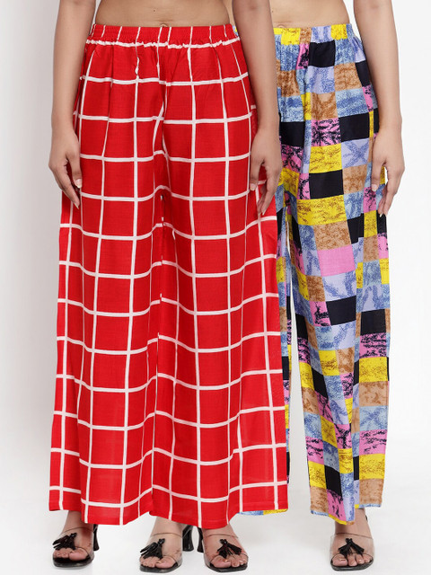 

NEUDIS Women Pack of 2 Printed Wide Leg Palazzos, Red