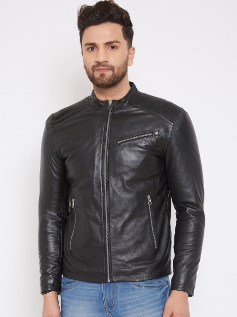 Justanned Men Black Solid Lightweight Leather Jacket