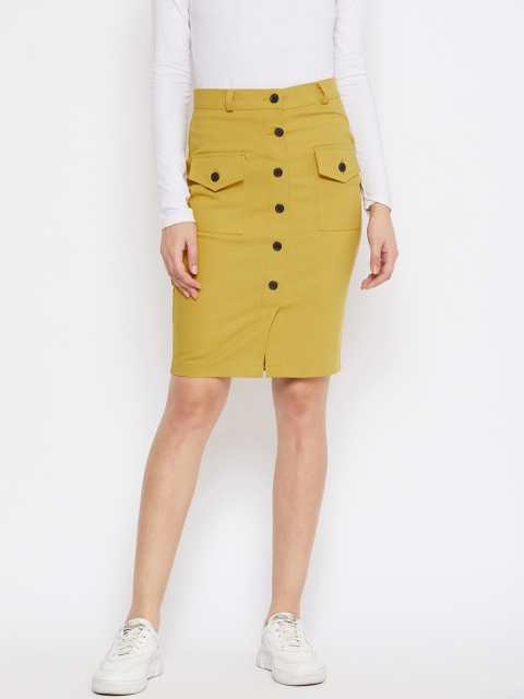 

Rider Republic Women Mustard Yellow Solid Knee-Length Pencil Skirt