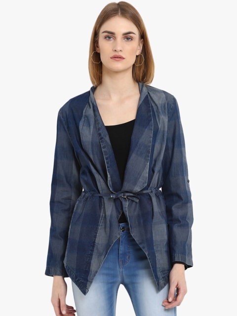

FOSH Women Navy & Grey Checked Open-Front Waist Tie-Up Pure Cotton Shrug, Navy blue