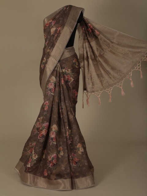 

Pothys Brown Printed Linen Blend Saree
