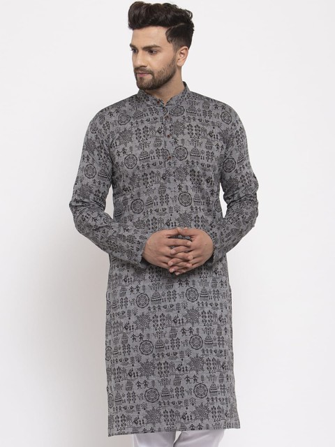 

Jompers Men Grey Printed Straight Kurta