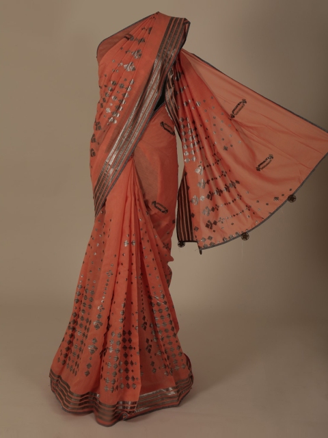 

Pothys Peach-Coloured Printed Jute Silk Saree